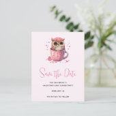 Cute Pink Owl in een beker Save the Date Uitnodiging Briefkaart (Staand voorkant)
