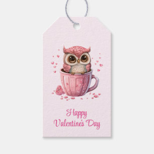 Cute Pink Owl in een beker Valentijns Cadeaulabel