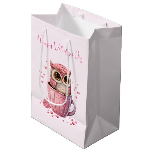 Cute Pink Owl in een beker Valentijns Medium Cadeauzakje (Voorkant Gekanteld)