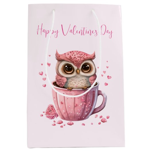 Cute Pink Owl in een beker Valentijns Medium Cadeauzakje (Voorkant)