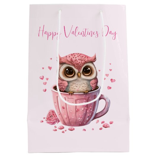 Cute Pink Owl in een beker Valentijns Medium Cadeauzakje (Achterkant)