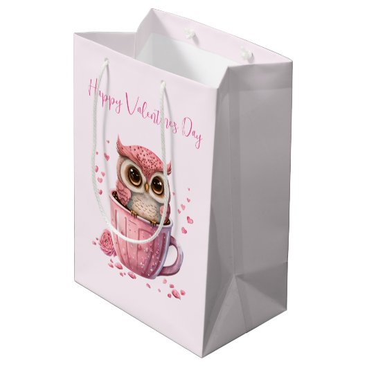 Cute Pink Owl in een beker Valentijns Medium Cadeauzakje (Achterkant Gekanteld)