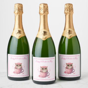 Cute Pink Owl in een beker Valentijns Sparkling Wijnetiket