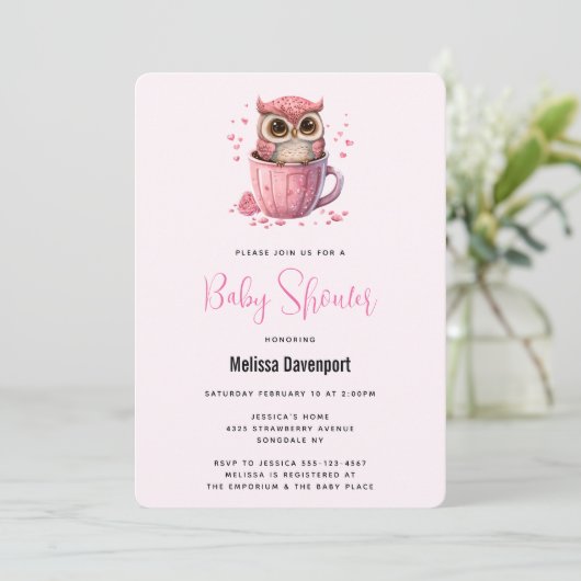 Cute Pink Owl in een Cup Baby shower Kaart (Staand voorkant)