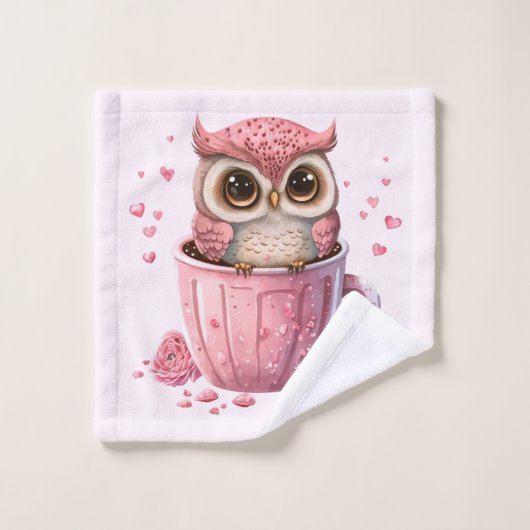 Cute Pink Owl in een Cup Bad Handdoek (Wasdoekje)