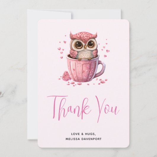 Cute Pink Owl in een Cup Bedankkaart (Voorkant)