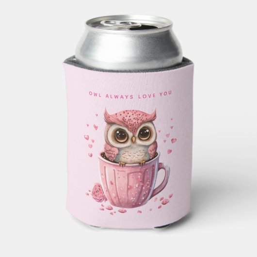 Cute Pink Owl in een Cup Blikjeskoeler (Blikje Achterkant)