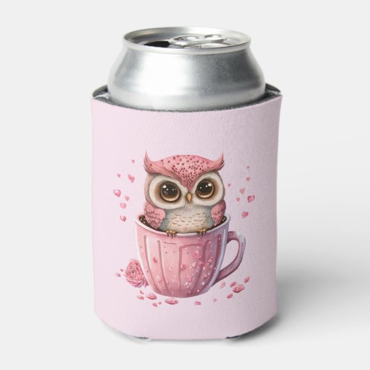 Cute Pink Owl in een Cup Blikjeskoeler (Blikje Voorkant)