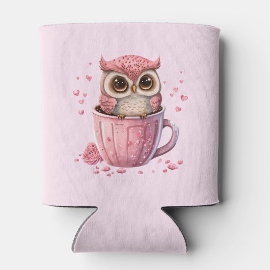 Cute Pink Owl in een Cup Blikjeskoeler (Achterkant)