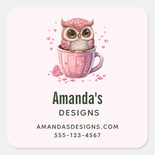 Cute Pink Owl in een Cup Business Vierkante Sticker (Voorkant)