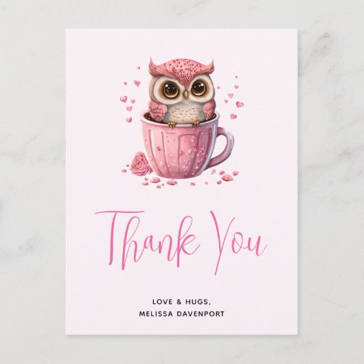 Cute Pink Owl in een Cup Dank u Briefkaart (Voorkant)