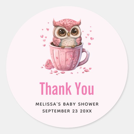 Cute Pink Owl in een Cup Dank u Ronde Sticker (Voorkant)