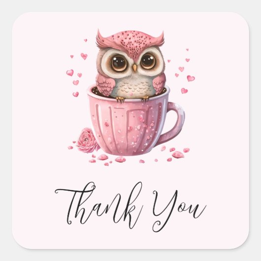 Cute Pink Owl in een Cup Dank u Vierkante Sticker (Voorkant)