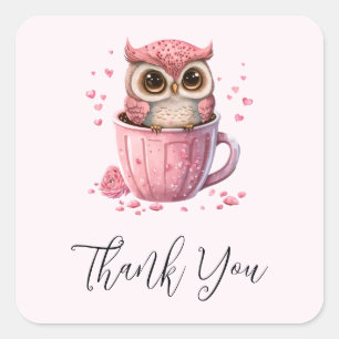 Cute Pink Owl in een Cup Dank u Vierkante Sticker