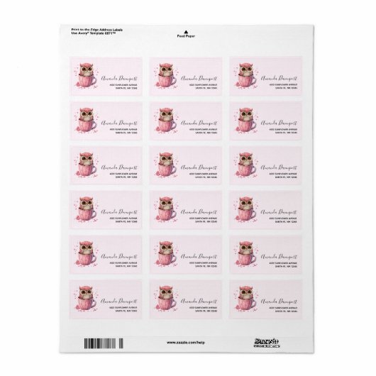 Cute Pink Owl in een Cup Etiket (Full Sheet)