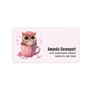 Cute Pink Owl in een Cup Etiket