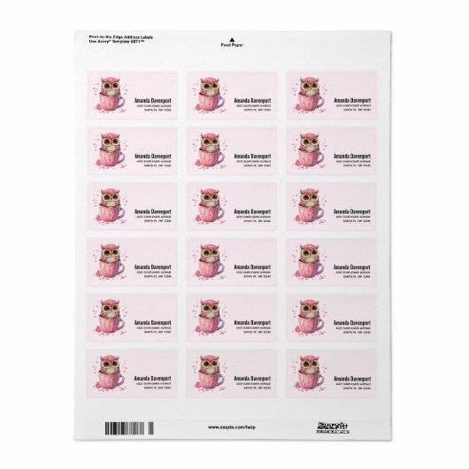 Cute Pink Owl in een Cup Etiket (Full Sheet)