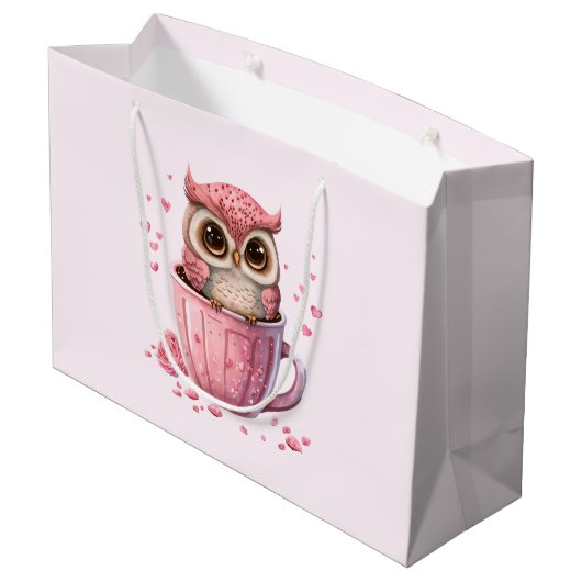 Cute Pink Owl in een Cup Groot Cadeauzakje (Achterkant Gekanteld)