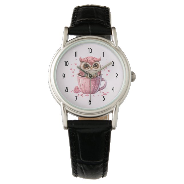 Cute Pink Owl in een Cup Horloge (Voorkant)