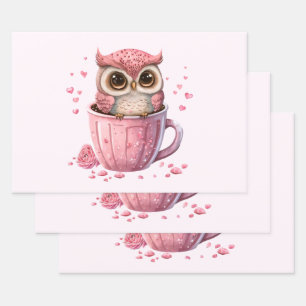 Cute Pink Owl in een Cup Inpakpapier Vel