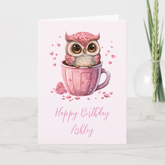 Cute Pink Owl in een Cup Kaart (Voorkant)