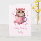 Cute Pink Owl in een Cup Kaart (Gele Bloem)