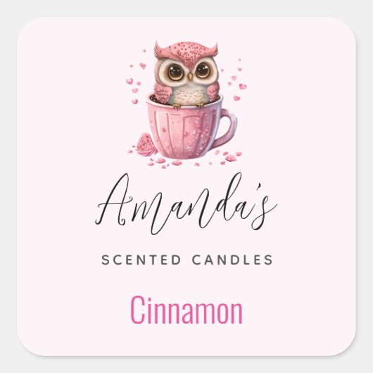 Cute Pink Owl in een Cup Kandle Biz Vierkante Sticker (Voorkant)