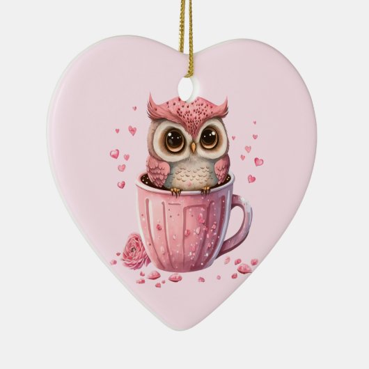 Cute Pink Owl in een Cup Keramisch Ornament (Rechts)