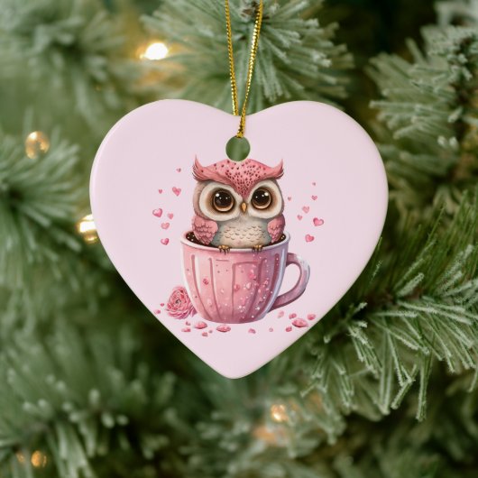 Cute Pink Owl in een Cup Keramisch Ornament (Boom)