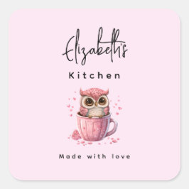 Cute Pink Owl in een Cup Keuken Vierkante Sticker