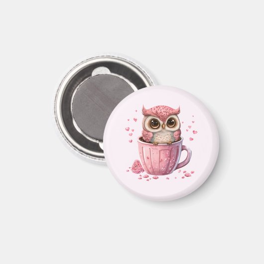 Cute Pink Owl in een Cup Magneet (Voorkant / Achterkant)