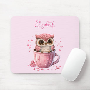Cute Pink Owl in een Cup Muismat