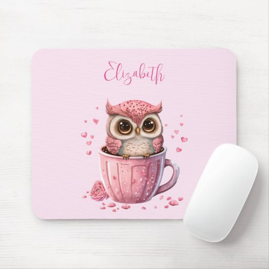 Cute Pink Owl in een Cup Muismat (Met muis)