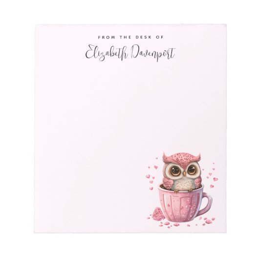 Cute Pink Owl in een Cup Notitieblok (Voorkant)