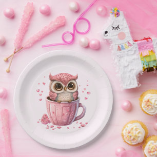 Cute Pink Owl in een Cup Papieren Bordje