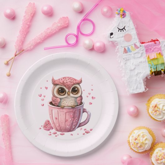 Cute Pink Owl in een Cup Papieren Bordje (Feest)