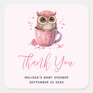 Cute Pink Owl in een Cup Party Bedankt Vierkante Sticker