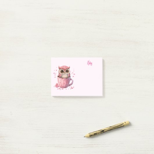 Cute Pink Owl in een Cup Post-it® Notes (Op bureau)