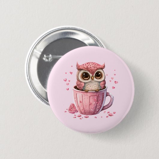 Cute Pink Owl in een Cup Ronde Button 5,7 Cm (Voorkant /achterkant)