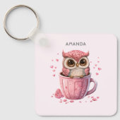 Cute Pink Owl in een Cup Sleutelhanger (Voorkant)