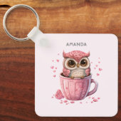 Cute Pink Owl in een Cup Sleutelhanger (Voorkant)