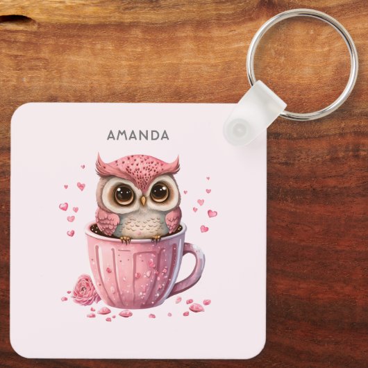 Cute Pink Owl in een Cup Sleutelhanger (Achterkant)