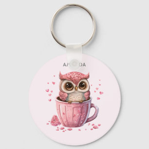 Cute Pink Owl in een Cup Sleutelhanger
