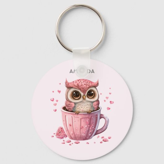 Cute Pink Owl in een Cup Sleutelhanger (Voorkant)