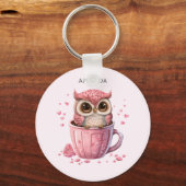 Cute Pink Owl in een Cup Sleutelhanger (Voorkant)
