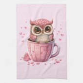Cute Pink Owl in een Cup Theedoek (Verticaal)
