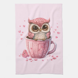 Cute Pink Owl in een Cup Theedoek