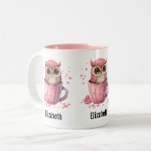 Cute Pink Owl in een Cup Tweekleurige Koffiemok (Voorkant links)