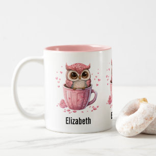 Cute Pink Owl in een Cup Tweekleurige Koffiemok