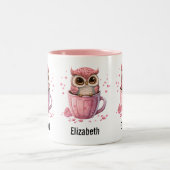 Cute Pink Owl in een Cup Tweekleurige Koffiemok (Center)